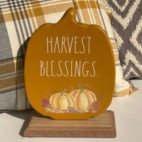 Rae Dunn Orange Freestanding Harvest Blessings Metal Pumpkin Wood Base Sign NWT - Picture 1 of 5